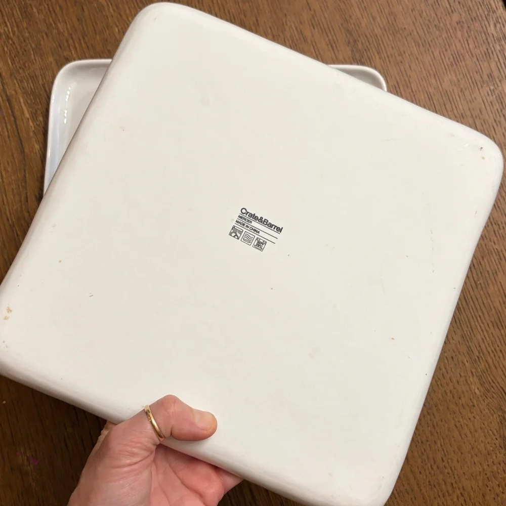 2 Dinner Plates Crate & Barrel Mercer White Square Porcelain Dinner Plates